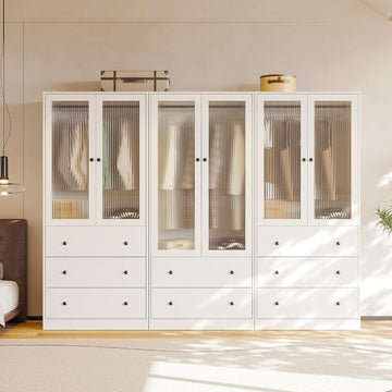 20"D Armoire Wardrobe Closet with Fluted Glass Door, 71" H Clothing Storage Cabinet with 8 Drawers, Hanging Rod, 4