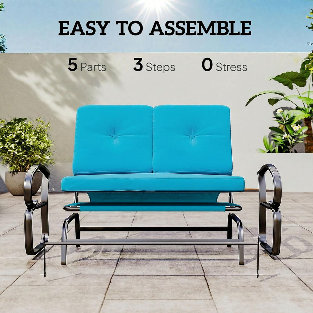 Outdoor Glider Bench 2-Person Patio Rocker Tufted Cushions Blue | Loveseat, Steel Frame, Porch, Garden Backyard