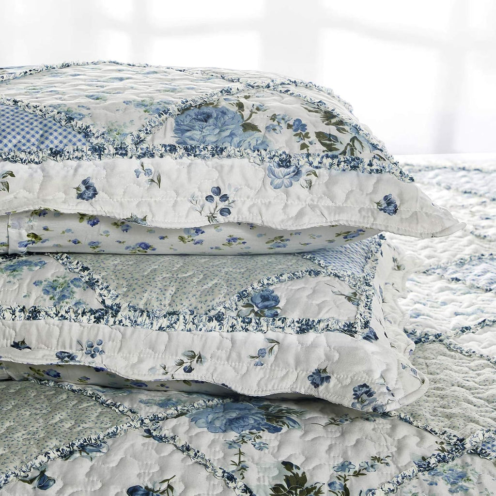 Blue Floral Patchwork Quilt Set, 3 Piece Bedding Set with 2 Pillowcases