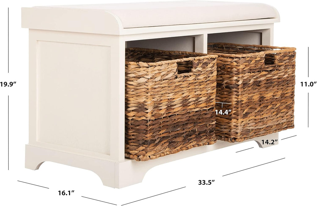 Furniture - Freddy 2-Basket Storage Bench - Vintage White - Solid Wood - Coastal Basket Storage Design - Ideal , 18"