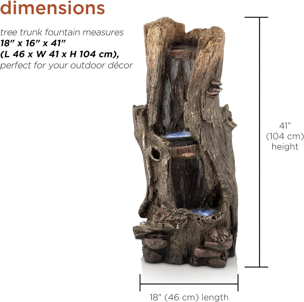 Outdoor Rainforest Waterfall Tree Trunk Floor Fountain with LED Lights, Tiered Garden Decor, 41" H, Brown
