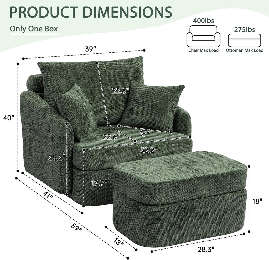 Modern Swivel Lounge Chair and Ottoman — Green Chenille