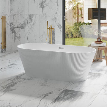 Freestanding Bathtub 67 Inch Acrylic Free Standing Tub - Modern Oval Tapered Design Vertical Ribbed Texture, CUPC