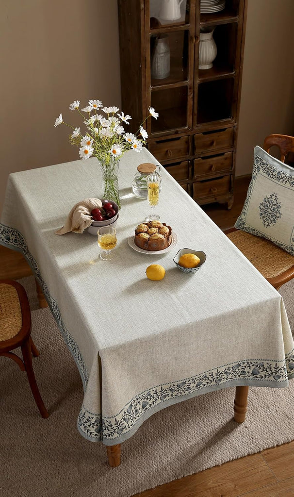 Designer Vintage Linen Elegant Rectangular Tablecloth,Chinoiserie Floral Indoor Table Cloth,Wrinkle 