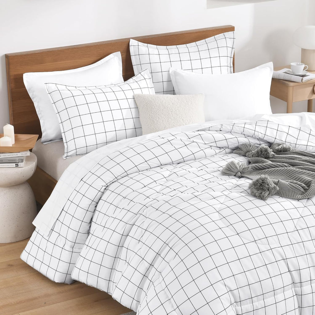 Comforter Sets, White Gingham Plaid Grid Checkered Bedding Comforter Set for Teens Boys Girls Kids, 3 Pieces