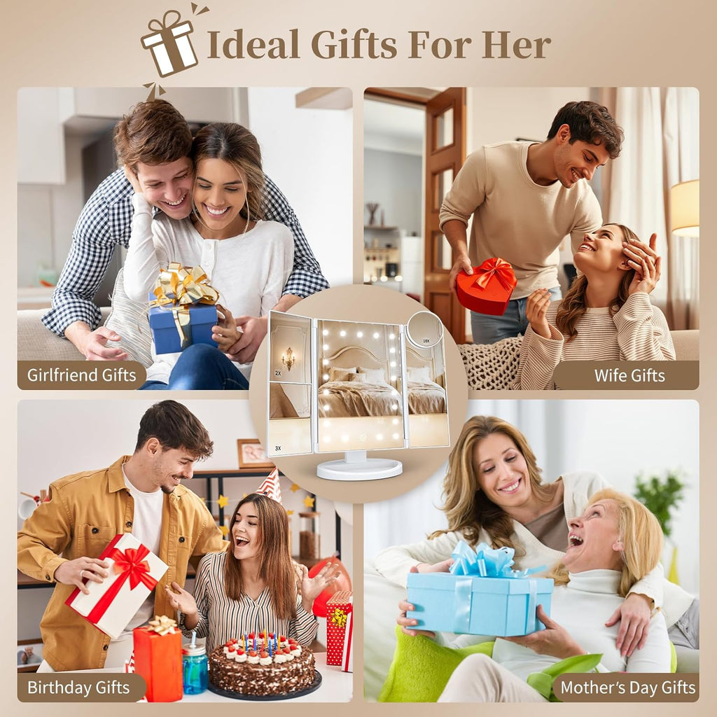 Makeup Mirror, Gifts for Mom Mothers Day, Vanity Mirror with Lights, 2X/3X/10X Magnification, Touch Control, Trifold