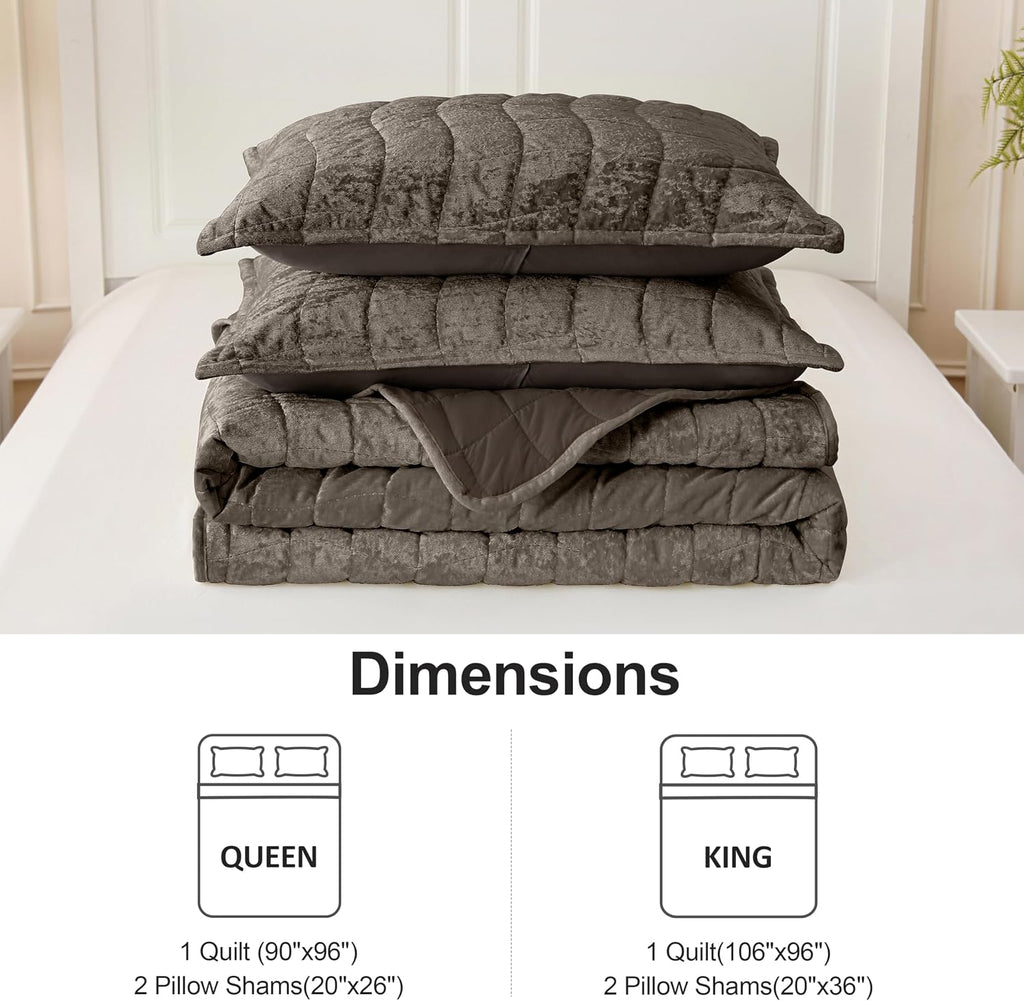 3 Pieces Velvet Quilt Set King, Brown | All Season Soft Lightweight Quilted Velvet Bedspread Coverlet Bedding with 2