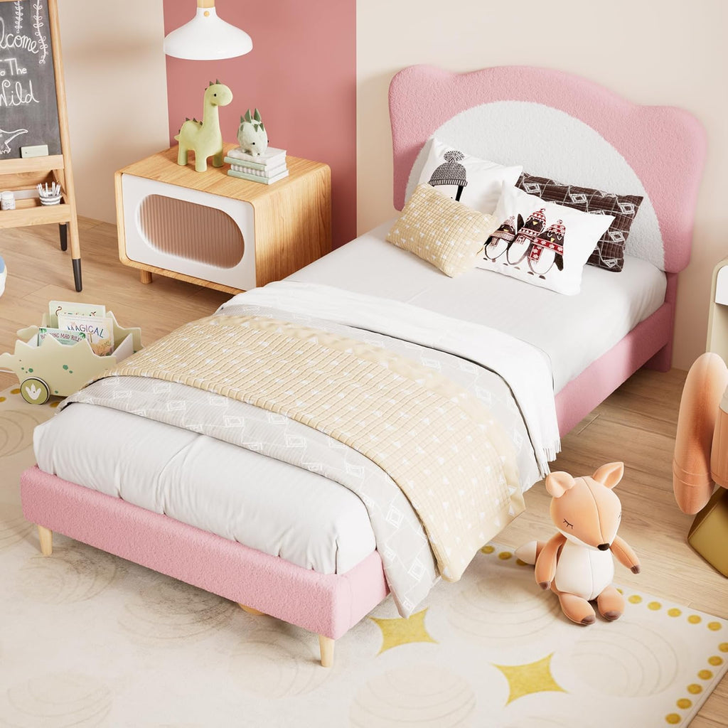 Twin Size Bed Frame for Kids - Cute Velvet Princess Platform Bed with Upholstered Headboard for Girls/Boys, Solid