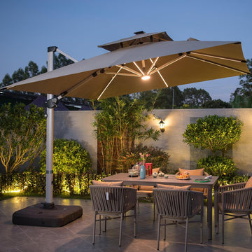 10x10 FT Square Cantilever Patio Umbrella with Solar LED Lights and Cross Base