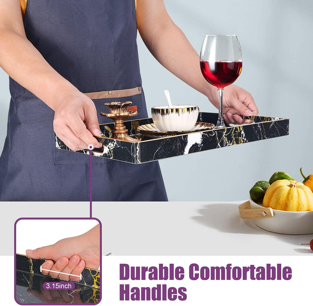 Black Serving Tray,Marble Decorative Serving Trays with Handles, Coffee Table Tray Ottoman Rectangular Plastic Trays