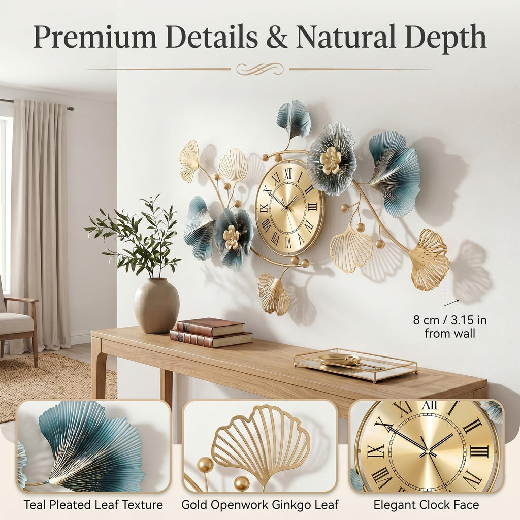36" 3D Ginkgo Leaf Metal Wall Clock Wall Decor