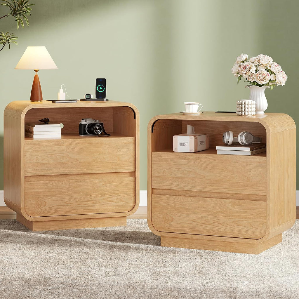 25" Tall Modern Nightstand with Charging Station, 23.6" Wide Wood Bedside Table w/2 Storage Drawers, Curved Profile