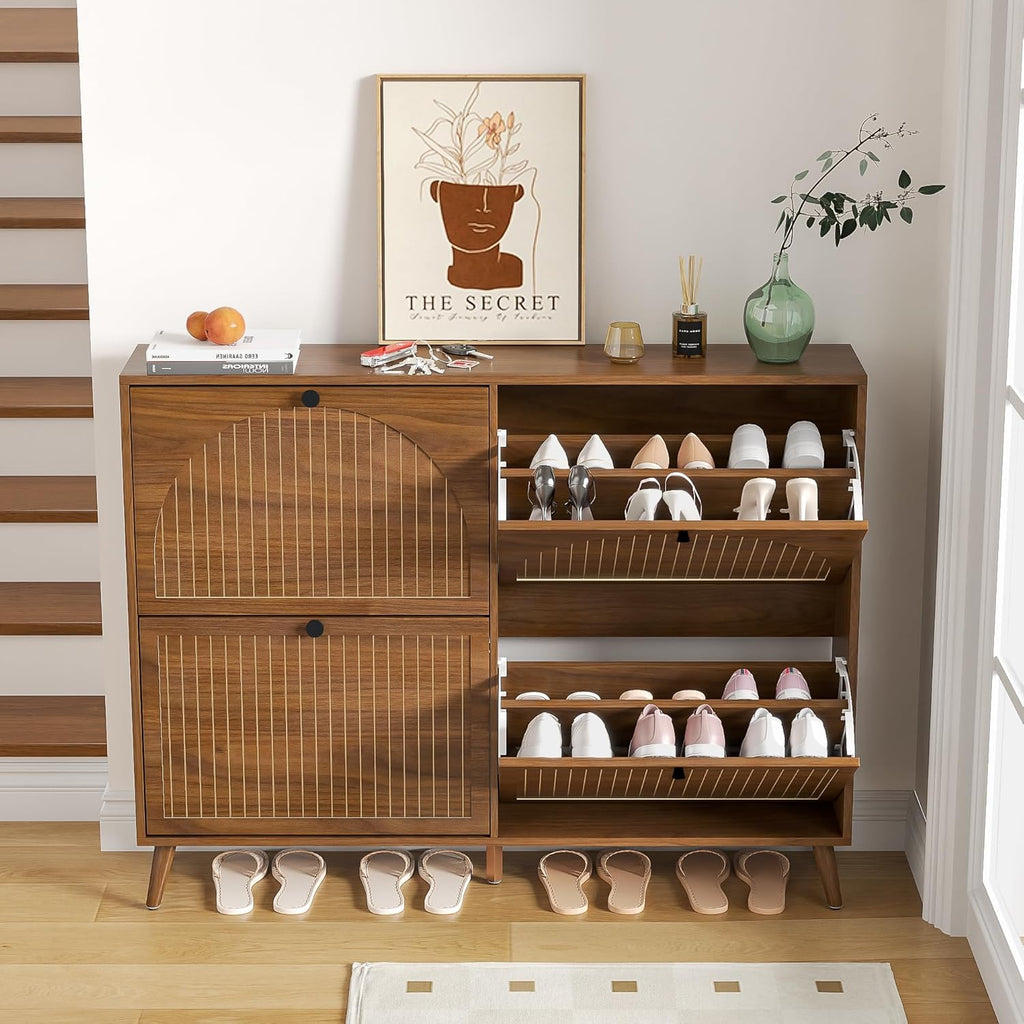 Shoe Storage Cabinet with 4 Flip Drawers, Narrow Shoe Organizer with Fluted Panel, Freestanding Wood Hidden Shoe