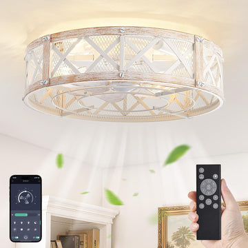 20" Caged Ceiling Fan with Light, APP&Remote Control, Small Flush Mount Farmhouse Fan Lights