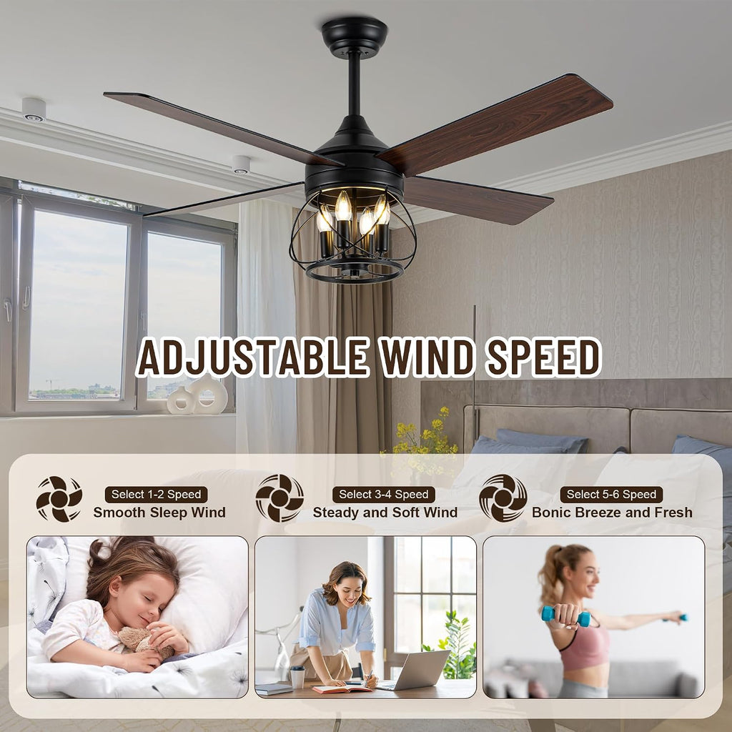 52 Inch Ceiling Fans with Lights, Modern Farmhouse Caged Ceiling Fan, Reversible Motor, 4 Double Finish Wood Blades
