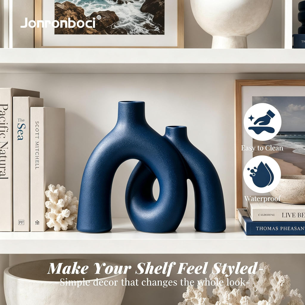 Blue Vase Set, Hug Donut Navy Ceramic Vases for Modern Coastal Decor