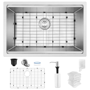 27x18Inch Undermount Kitchen Sink, Stainless Steel Single Bowl Handmade 16 Gauge 10'' Deep Kitchen Workstaion Sink