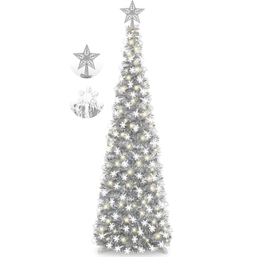 5FT Pop-up, Christmas Decor Silver White Snowflake with Timer String Lights, Collapsible Artificial Pencil Tree Xmas