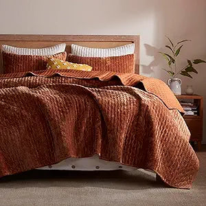 Velvet Quilt California King 118''x106'', Lightweight Burnt Orange Velvet Comforter Set with 2 Matching Shams, Soft