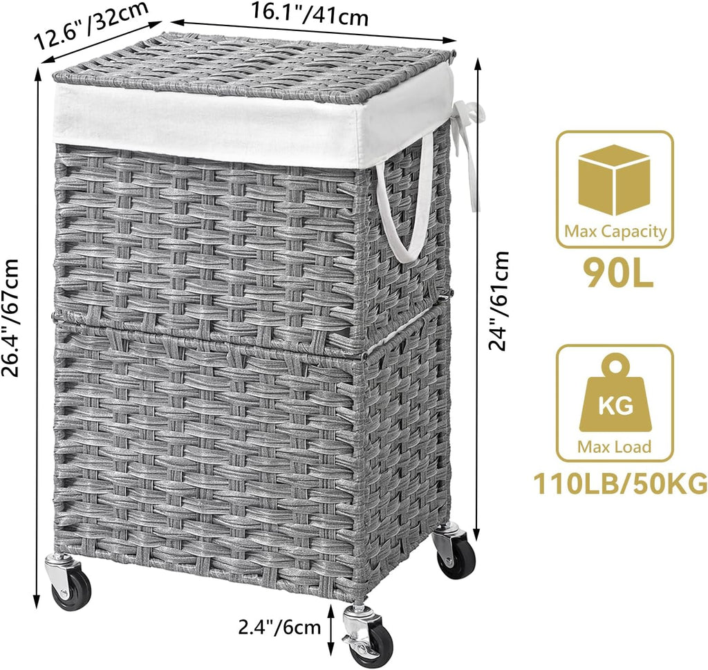 Wicker Laundry Basket with Wheels,Rolling Laundry Hamper with Lid | 90L Slim Clothes Hamper with Wheels & Removable