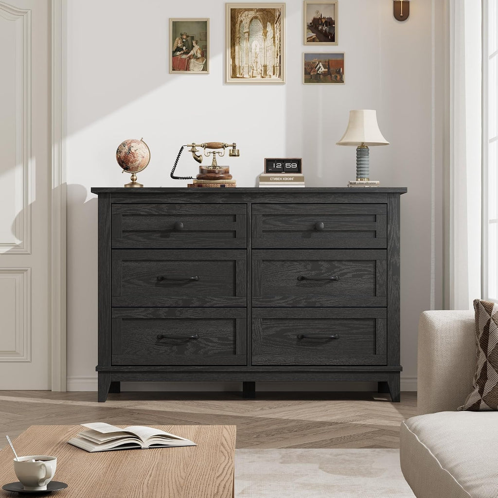 6 Dresser , 47 in Wide Drawer Dresser with Storage Freestanding, Wooden Closet Storage Chest , Dark Black
