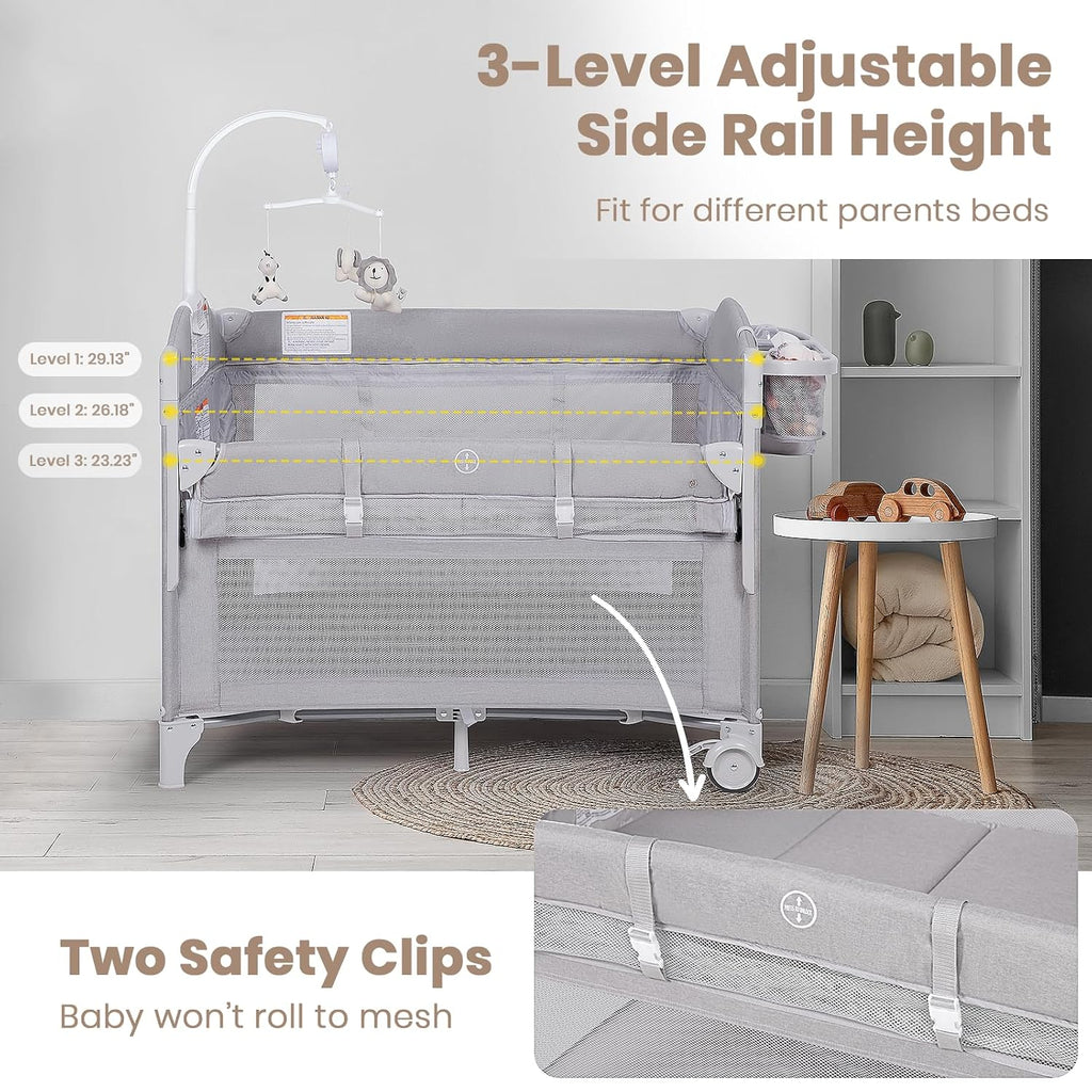 Bassinets Bedside Sleeper, 4 in 1 Portable Bedside Crib w/Mattress, Diaper Changer, Storage Basket, Music Box, Carry