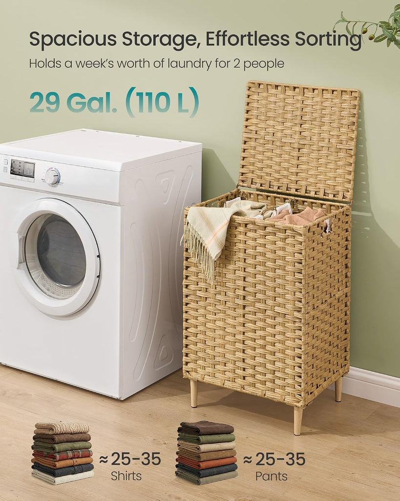 2-Section Laundry Hamper with Lid, 29 Gal (110L) PE Rattan Laundry Basket with Removable Washable Liners, Goose