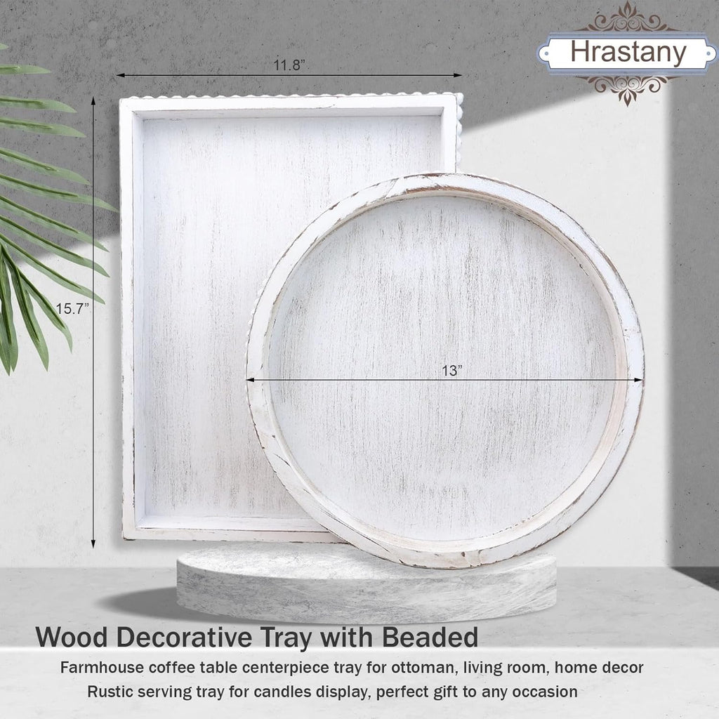 Round Wood Serving Tray with Beaded 13 Rustic Wooden Decorative Coffee Table Tray