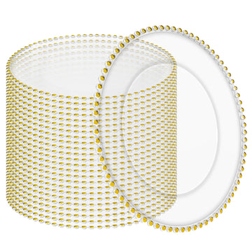24 Pack Clear Charger Plates 13 Inch Acrylic Round Dinner Chargers with Gold Beaded Rim, Plastic Round Decorative