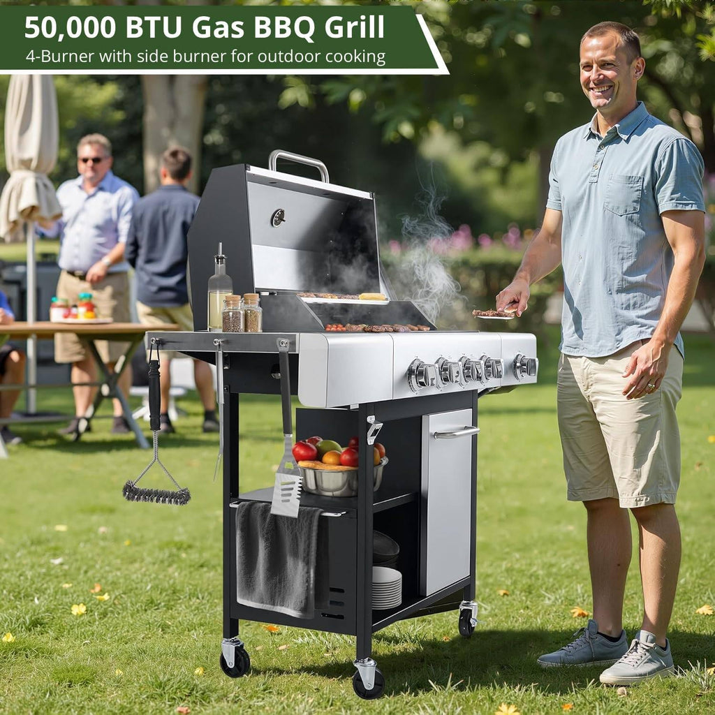 4-Burner Propane Gas Grill, 50,000 BTU Stainless Steel BBQ Grill with Side Burner & Wheels for Patio and Backyard (Silver & Black)