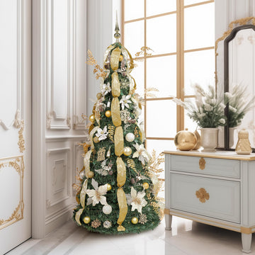 6.5 FT Gold & White Pop-Up, Pre-Lit and Fully Decorated, Fire-Resistant Collapsible Outdoor Indoor Holiday Party