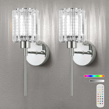 2-Pack Crystal Battery Operated Wall Sconces, Chrome Rechargeable Wireless Wall Sconce Lights with Dimmable Bulbs and Remote, 12 Colors and 3CCT Dimmable Crystal Lamps for Living Bedroom Dining