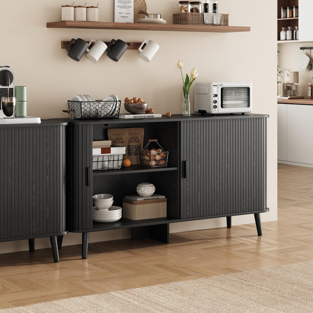 55" Fluted Sideboard Buffet Cabinet with Sliding Door, Mid-Century Modern Wood Sideboard, Adjustable Shelf, Coffee