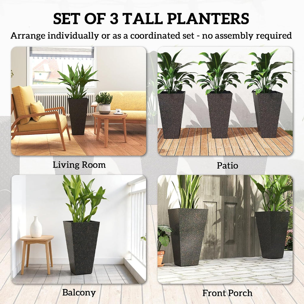 28 Inch Tall Planters for Outdoor Plants Set of 3, Brown | Marble Finish, Drainage Holes, Stackable Tapered Design