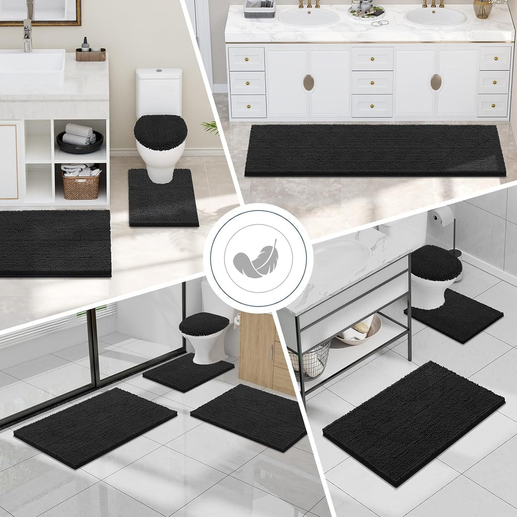 Chenille Bathroom Rugs Sets 2 Piece (30x20+24x16, Black) | Soft Absorbent Machine Washable Non Slip Shaggy Bath Rug