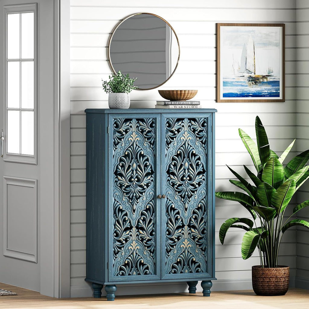 47" Tall Accent Cabinet with Carved Doors & Storage | Vertical Storage , Carved Floral Design, Farmhouse & Rustic