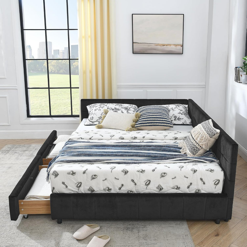 Queen Size Daybed with Storage Drawers, Upholstered Corner Bed with L Shaped Headboard, Velvet Daybed Frame Guest
