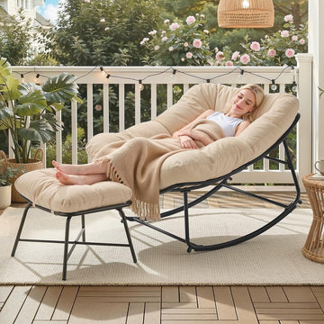 Outdoor Rocking Chairs with Ottoman, Papasan Rocking Chair, Beige | Oversized Lounge Rocker with Padded Cushions