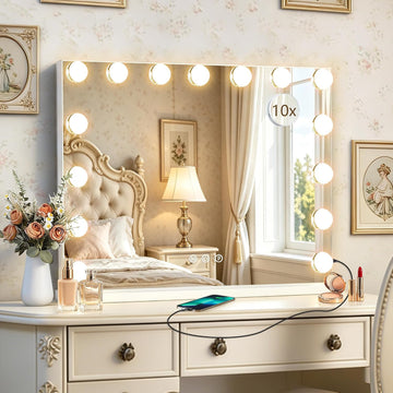 Hollywood Vanity Mirror with Lights, 23" x 18", 15 Dimmable Bulbs, 3 Color Lights, Make Up Lighted Mirror, USB