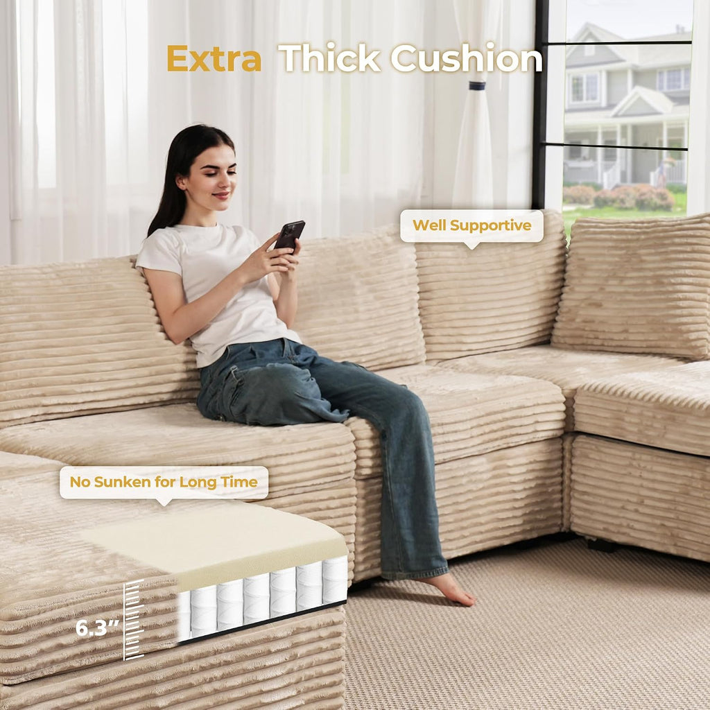Modular Sectional Sofa,5 Pieces Sectional Couches ,98X98 L Shaped Cloud Couch Set Deep Seat(Beige Velvet Corduroy)