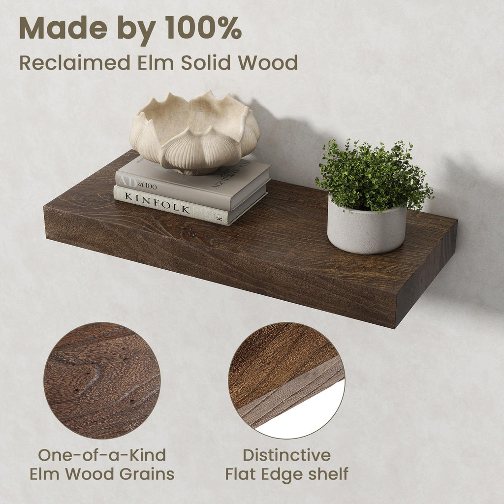 Solid Elm Wood Floating Shelves for Wall, 20 x 8 Inch Modern Rustic Wall Shelves Set of 2 with Invisible Brackets