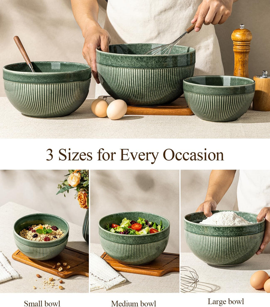 Ceramic Mixing Bowls Set of 3, Stoneware Nesting Serving Bowls, | 45/90/150 oz For Prep, Baking, Serving, Gift