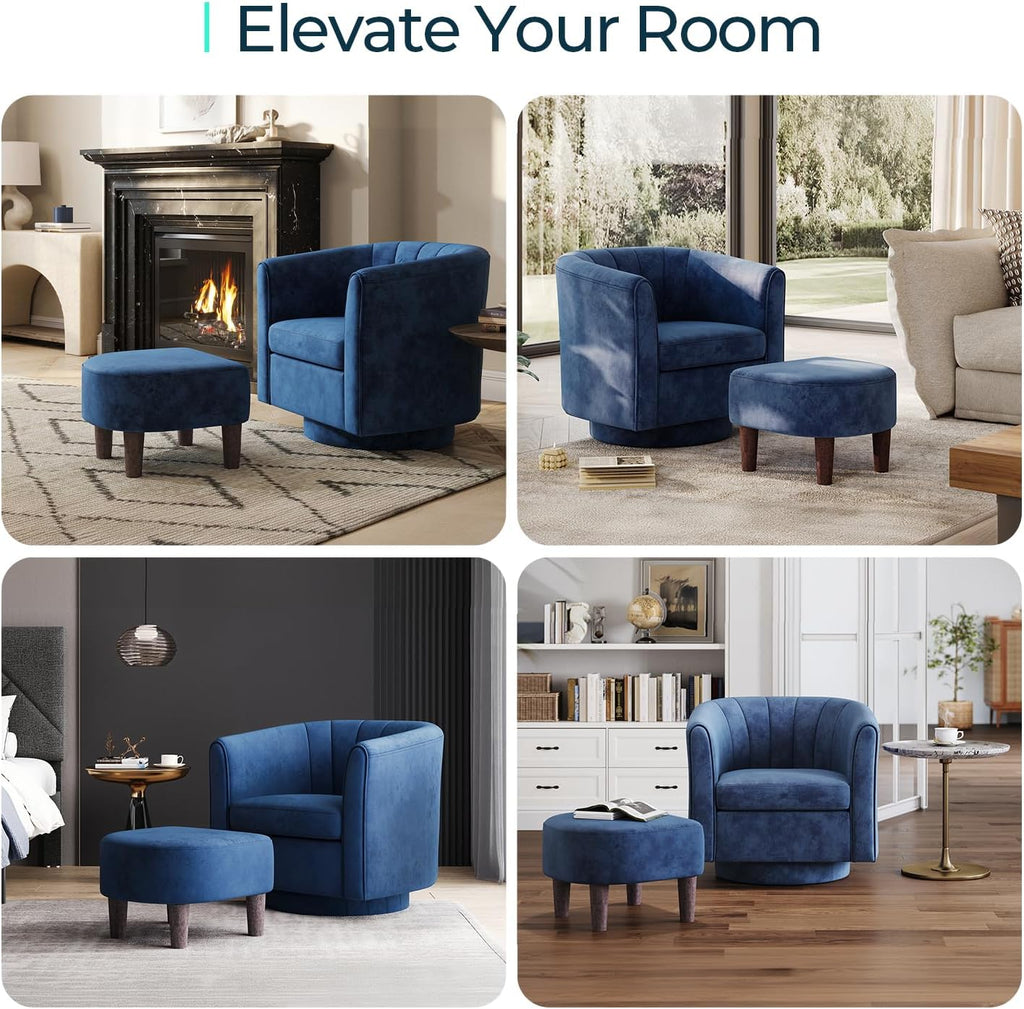 Swivel Accent Chair with Ottoman: Small Velvet Barrel Chair 360 Swivel Modern Armchair, Upholstered Reading Chair