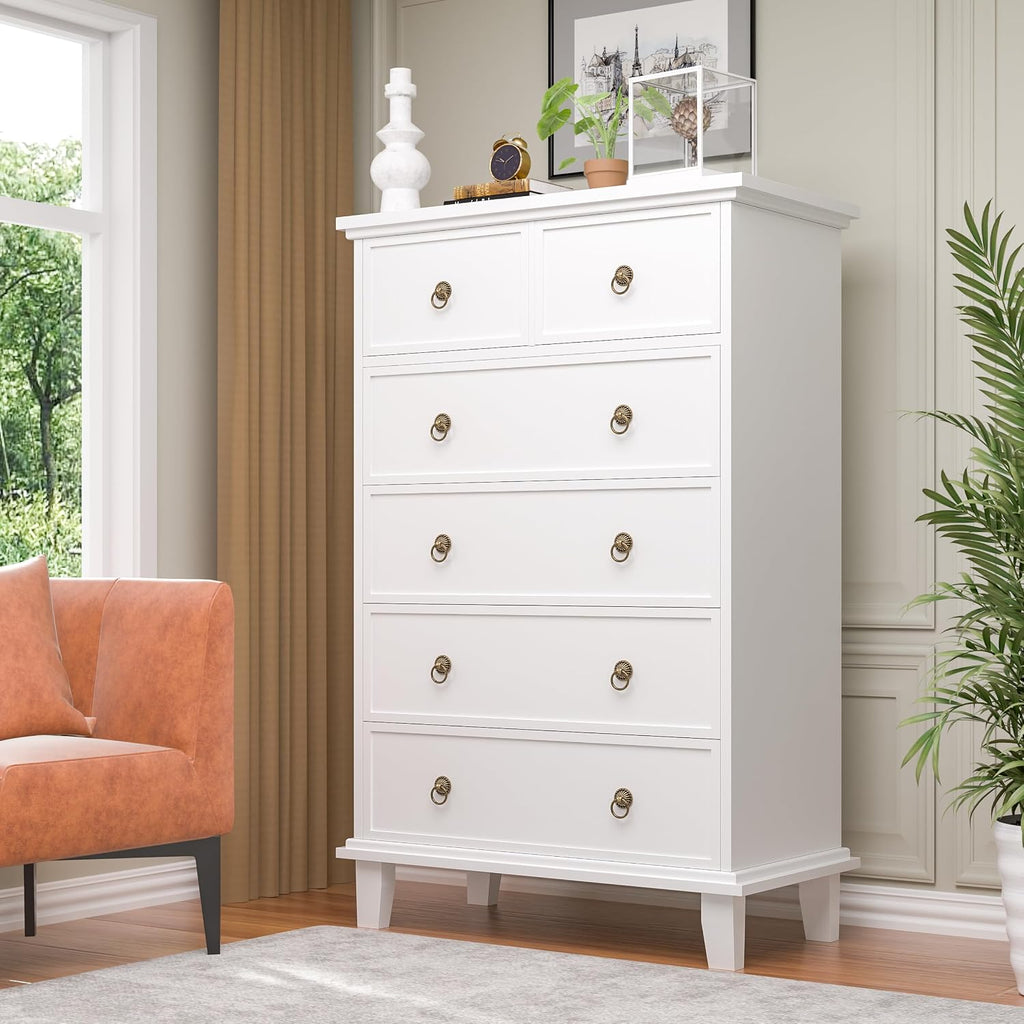 6 Drawer Tall Dresser , White Large Chest of Drawers, Modern Farmhouse 6 Drawers Storage Dresser