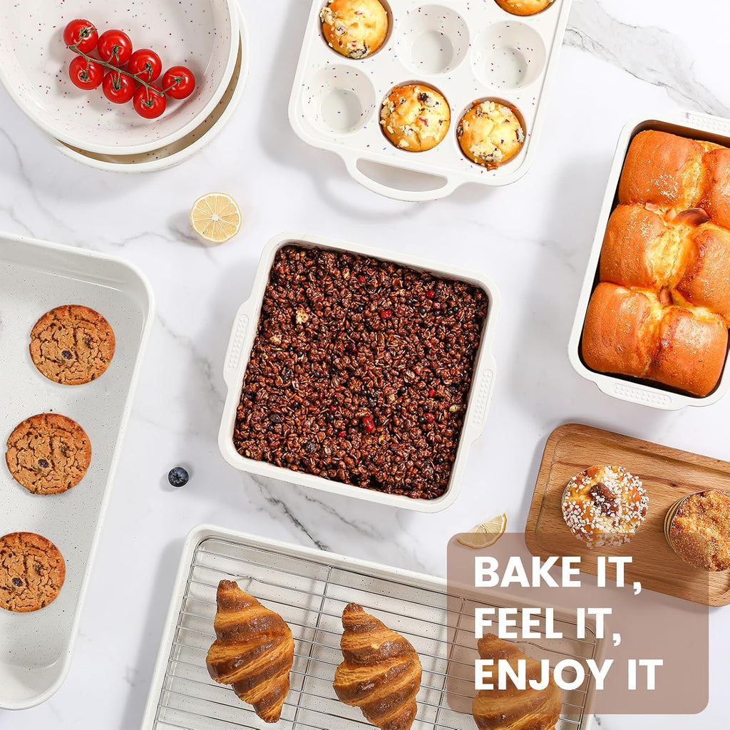 8-Piece Pans Set Nonstick, Bakeware Set includes Silicone Muffin, Loaf, Cake Pans with Metal Reinforced Frame, and