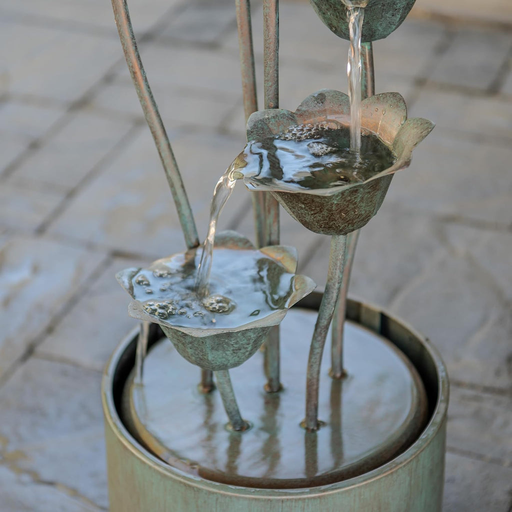 35" Tall Silver Metal Sculptural Flower Multi-Tier Freestanding Water Fountain for Indoor & Outdoor Use