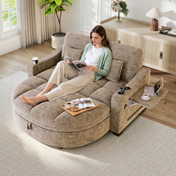 Chaise Lounge Chair Indoor, Chenille Tufted Recliner Oversized Loveseat Sofa Chair with Adjustable Backrest & Storage