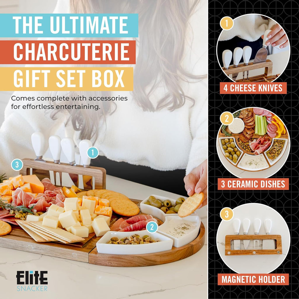 Large Charcuterie Board Set, Acacia Wood, Oil Finish | Magnetic 3-Piece Acacia Wood Design, Reshapes Circle Square