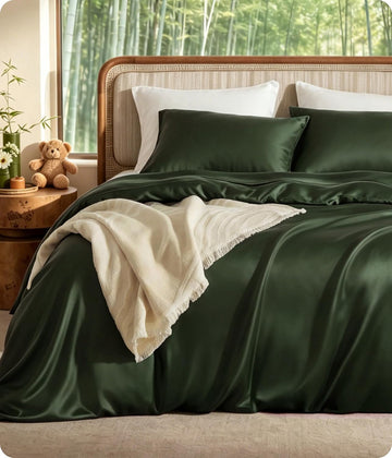 PureWoven 100% Organic Bamboo Cooling Duvet Cover Set, Queen, Green