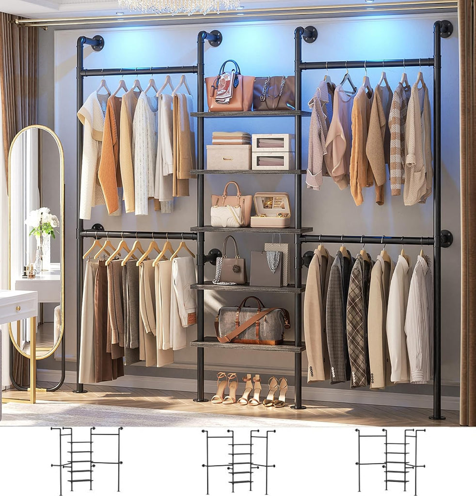 Industrial Pipe Clothing Rack, Reversible 6.42FT Clothes Rack for Hanging Clothes, Heavy Duty 5 Tier Wardrobe Closet
